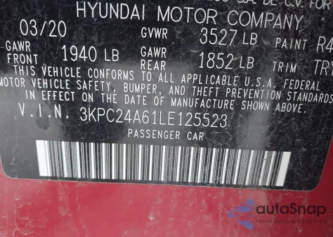 2020 Hyundai Accent Se z USA, uszkodzony, nr VIN 3KPC24A61LE125523